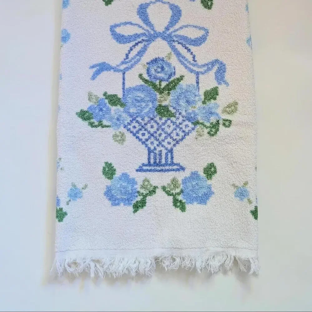 Vintage Cannon Bath Towel with Blue Floral Pattern